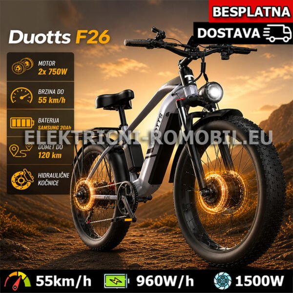 DUOTTS F26 Električni Bicikl 2x Motor 750W Baterija 20Ah - Brzina 55km/h